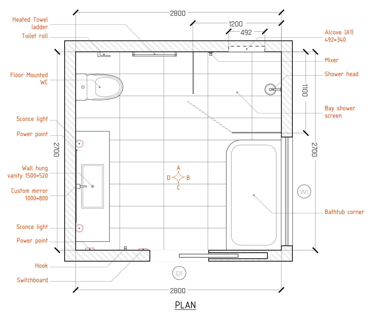 The same bathroom drawn as a dimensioned, labelled plan