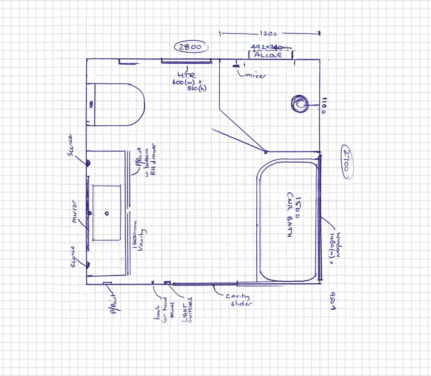 The hand-drawn sketch of the Robinson bathroom, with measurements