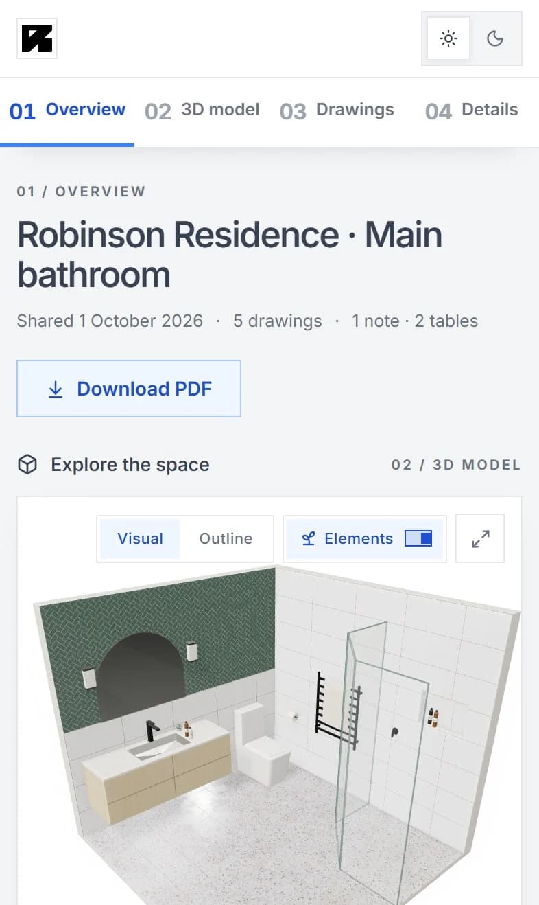 The client's share link open on a phone, showing the 3D model