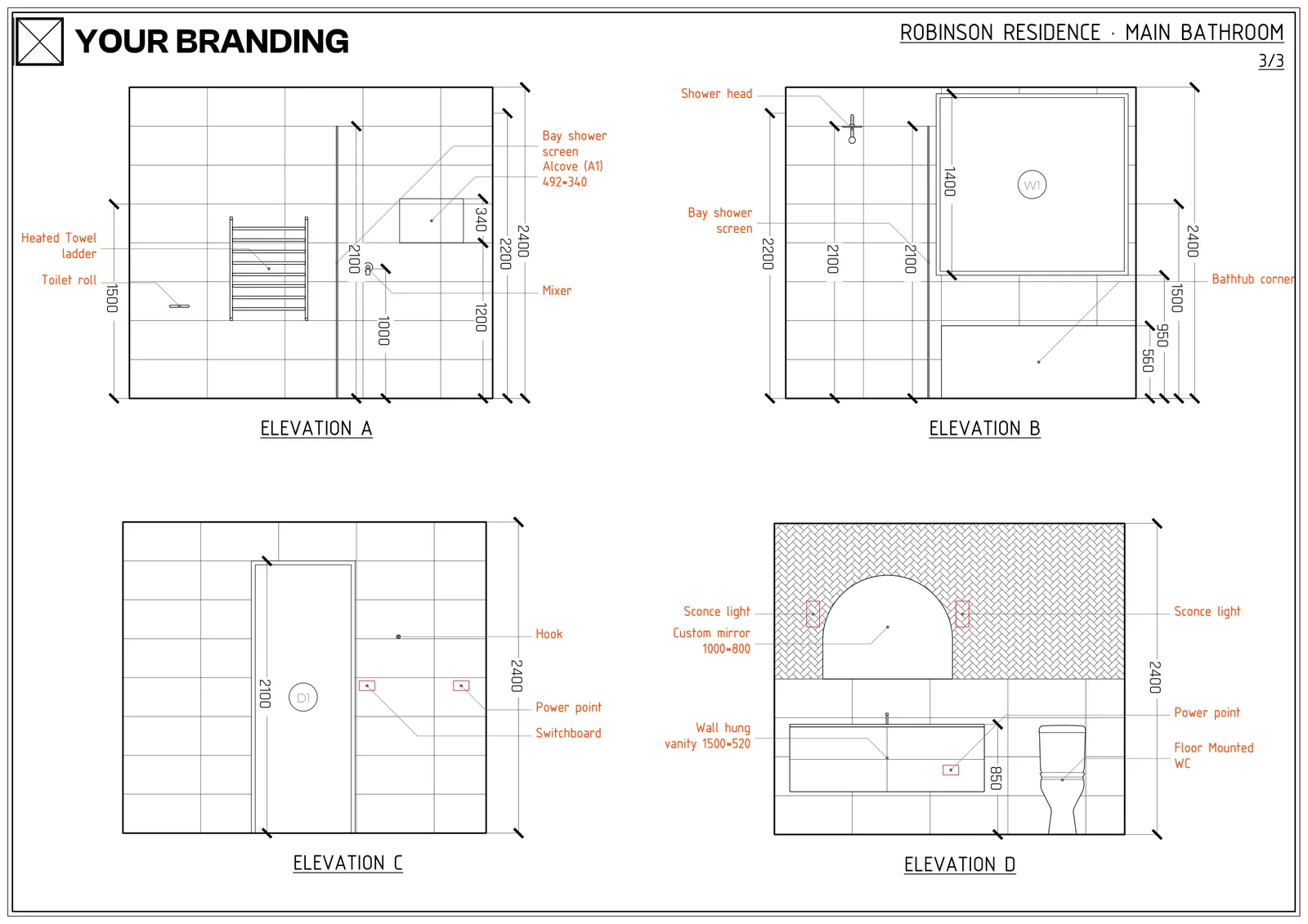Elevations sheet: all four walls dimensioned and labelled