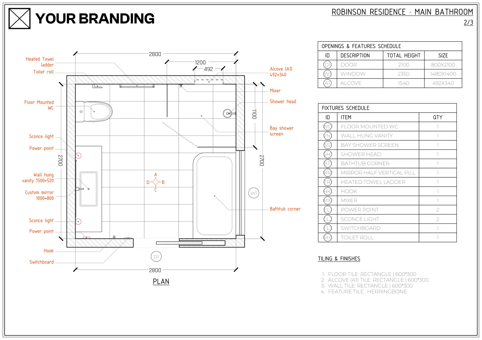 Plan sheet: openings, fixtures and finishes schedules beside the plan